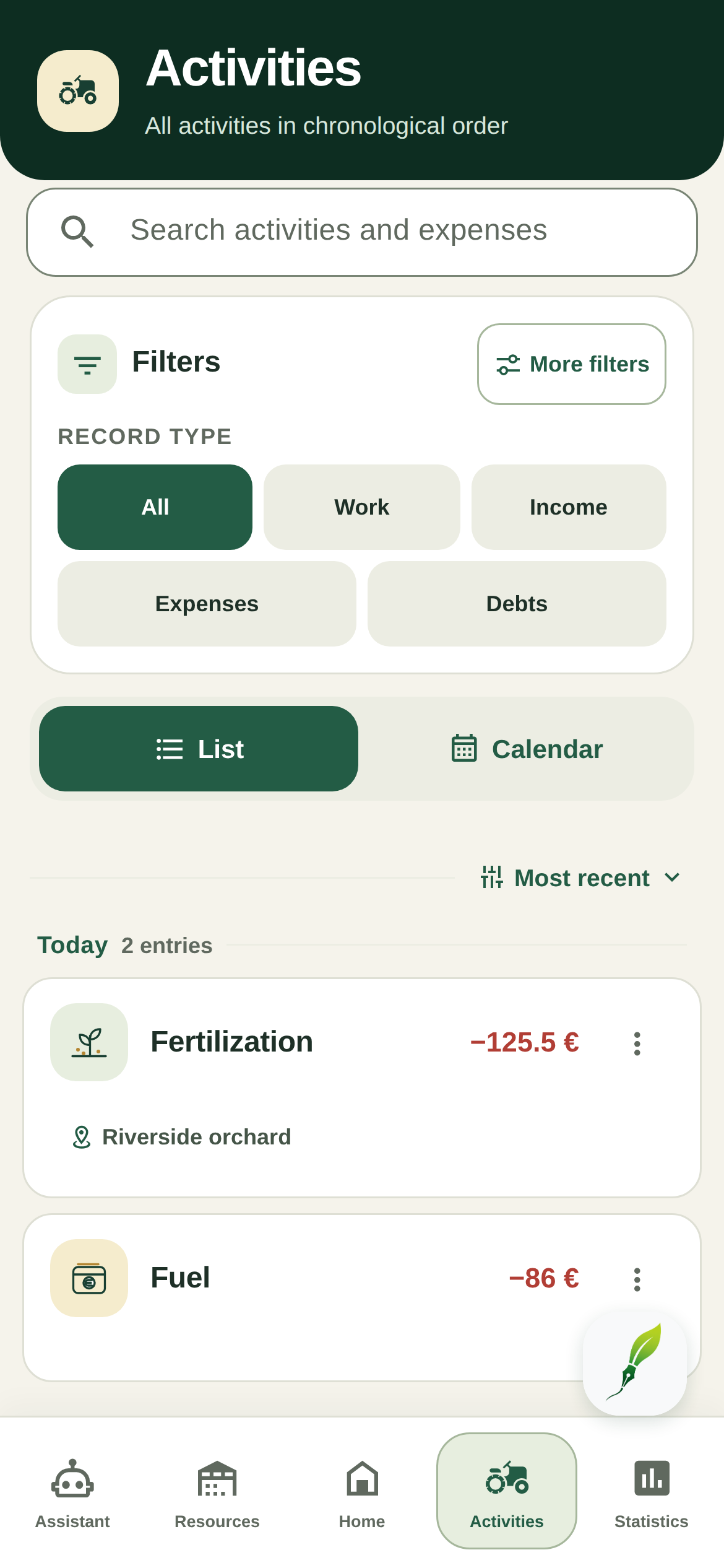 FarmerPad activity list in English with sample tasks