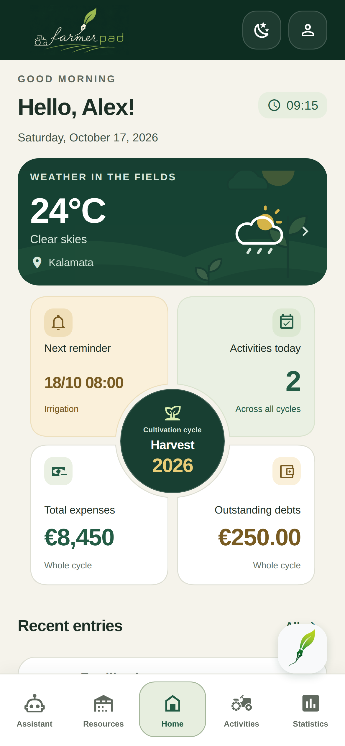 FarmerPad Home screen in English with sample records