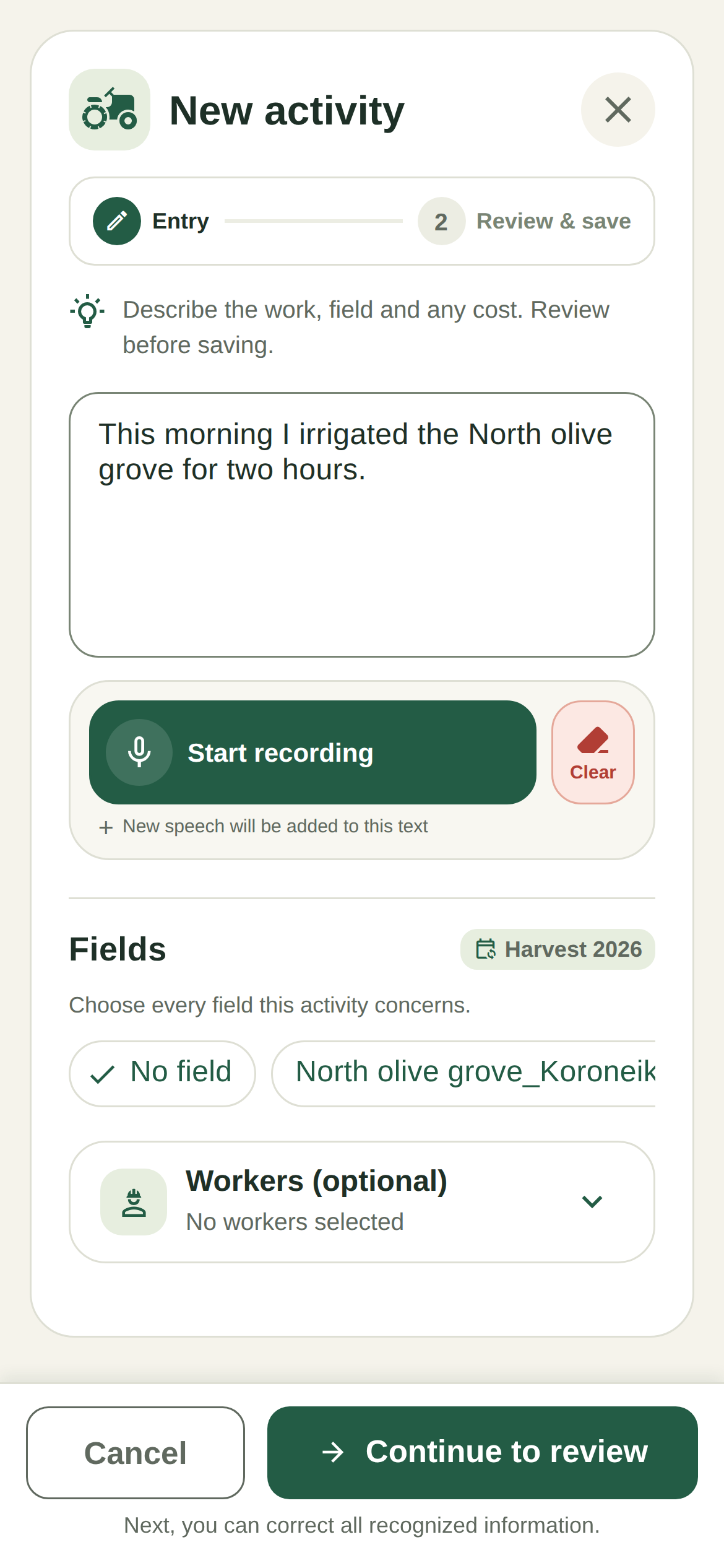 Recording a FarmerPad activity by voice in English
